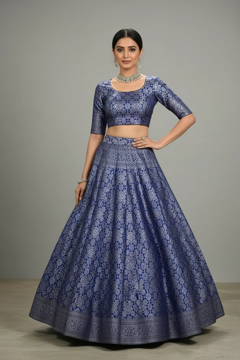 Royal Blue Brocade Silk Lehenga for Diwali Bay Area gift