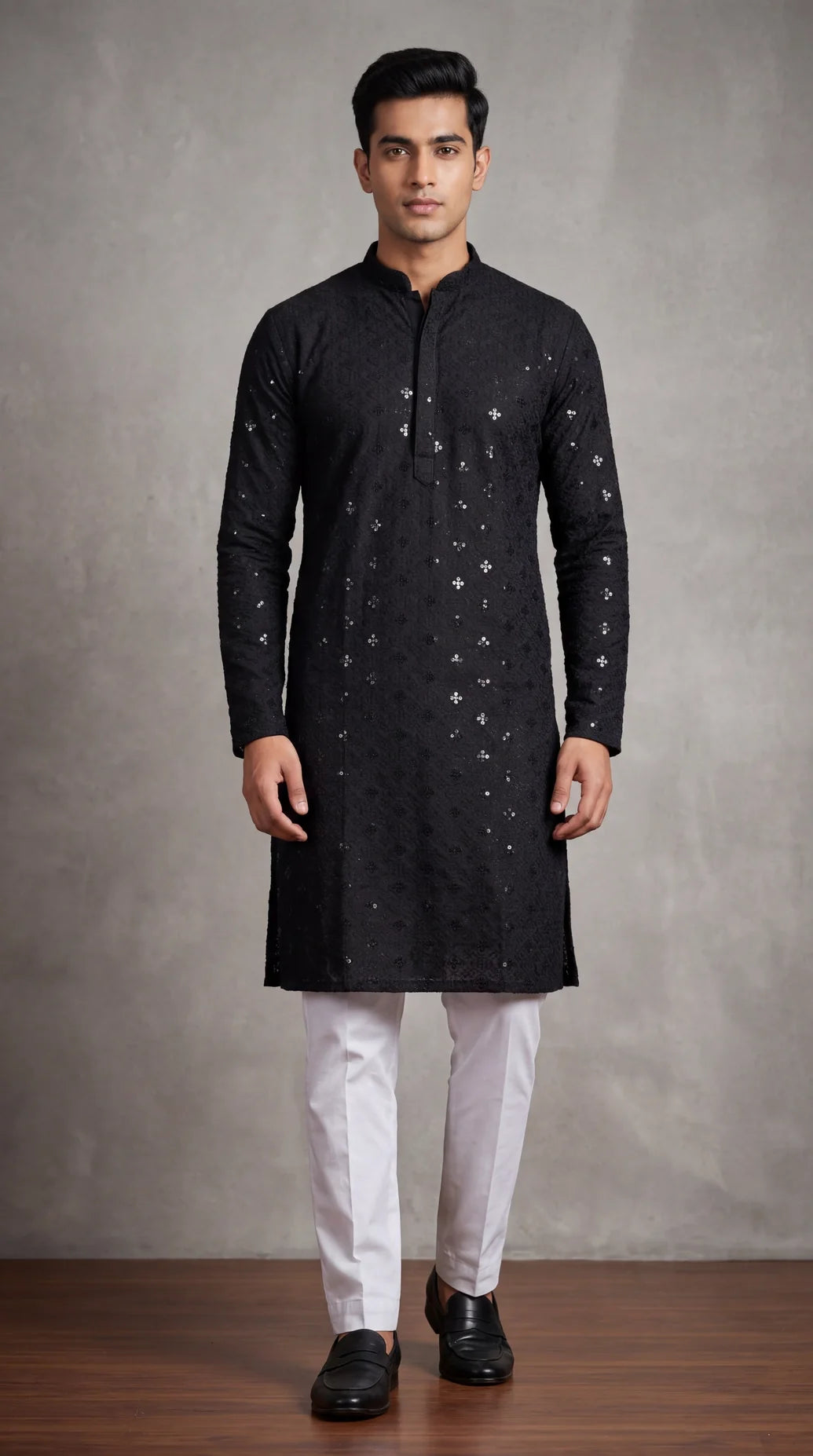 Best men's Diwali kurta 2026 - Black Lakhnavi kurta with sequins