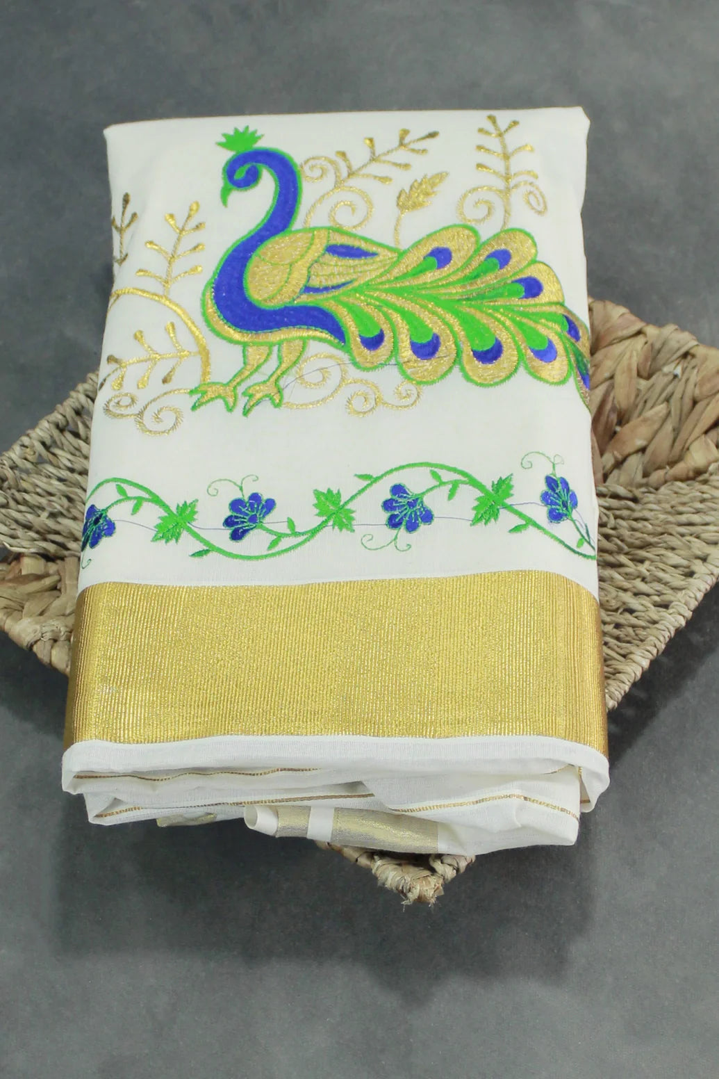 Half White Kerala Cotton Saree with Peacock Embroidery and Golden Zari Border