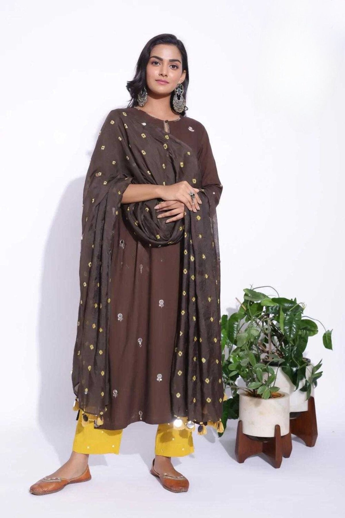 Brown mirror work detailing kurta set — festive Diwali ethnic wear 2026