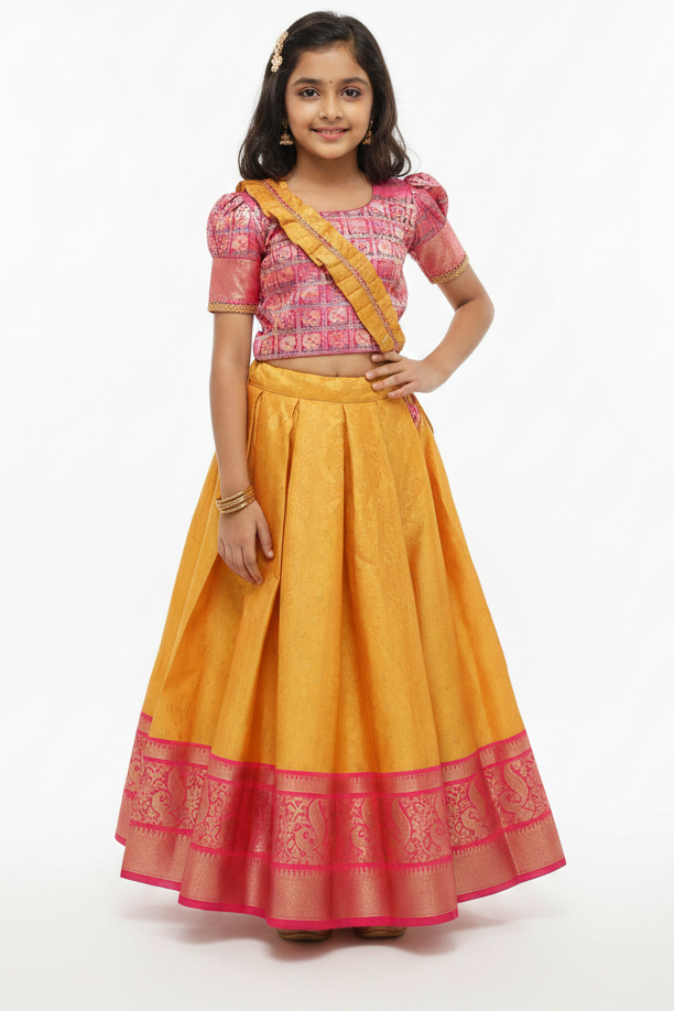Elegant Banarasi Lehenga with Kanchipuram border for girls, mustard yellow