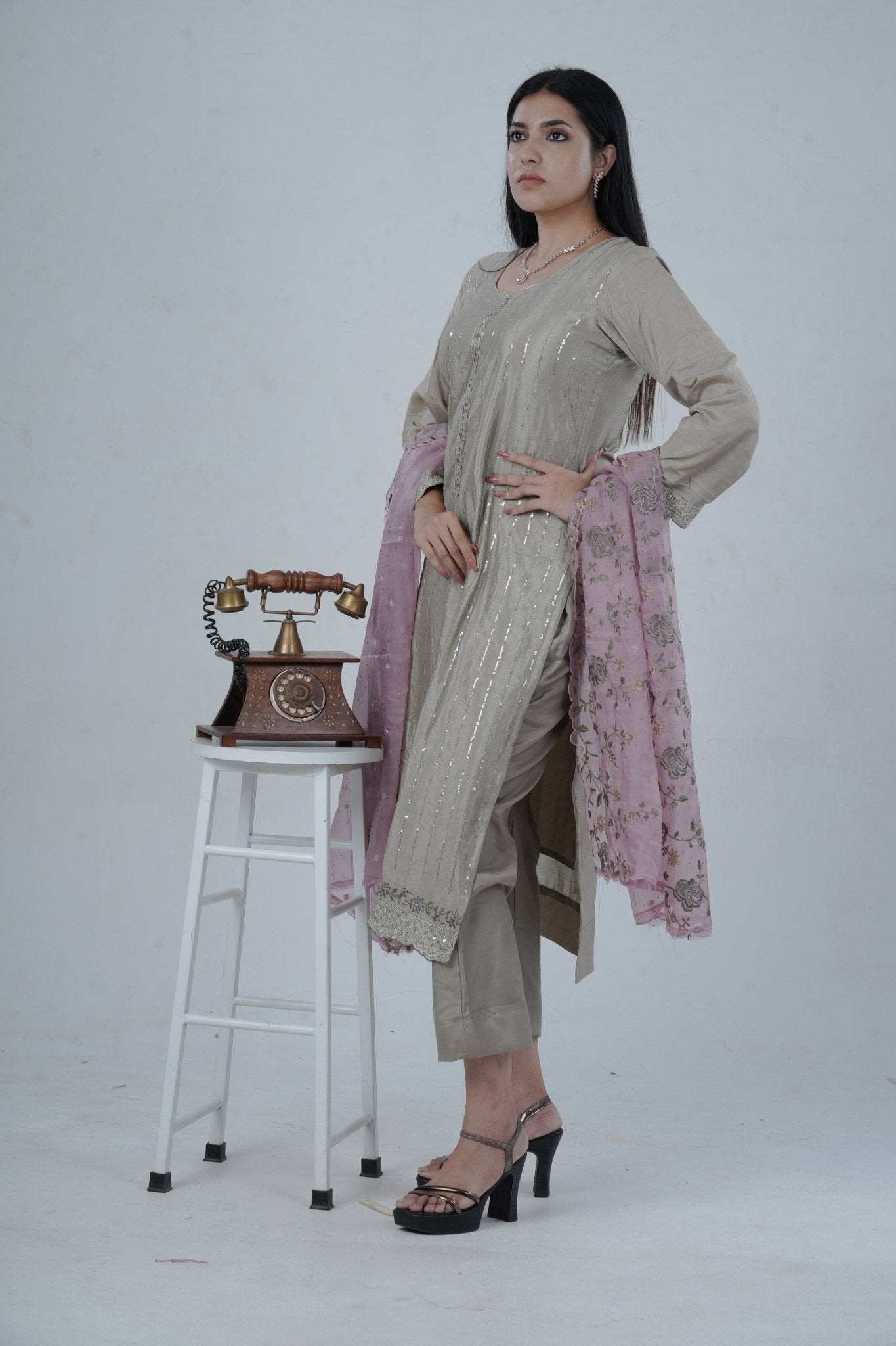 Gray embroidered chinon salwar kameez with sequin work from JCS Fashions