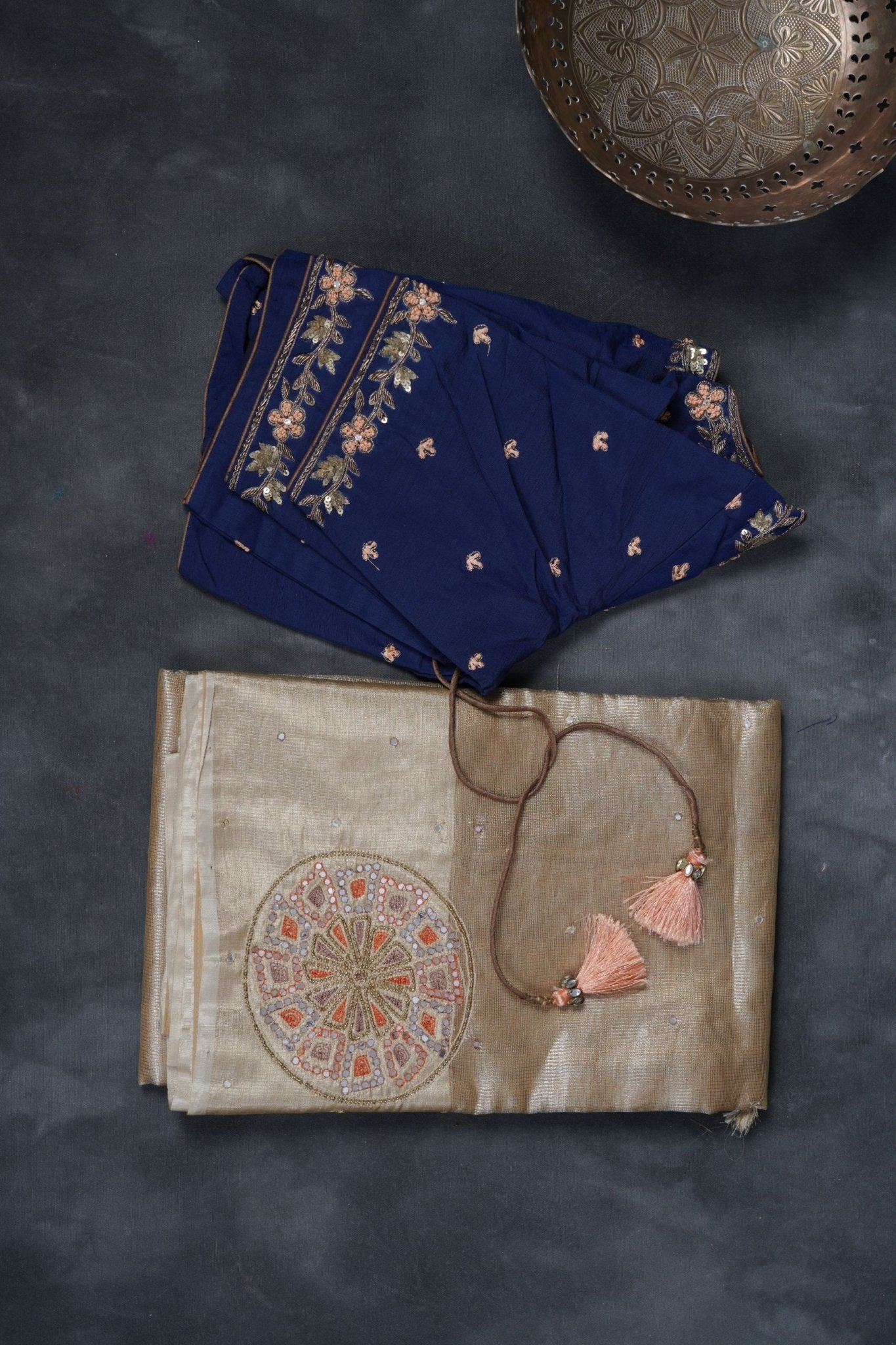 Gold tissue silk saree with maggam work blouse for Diwali puja 2026