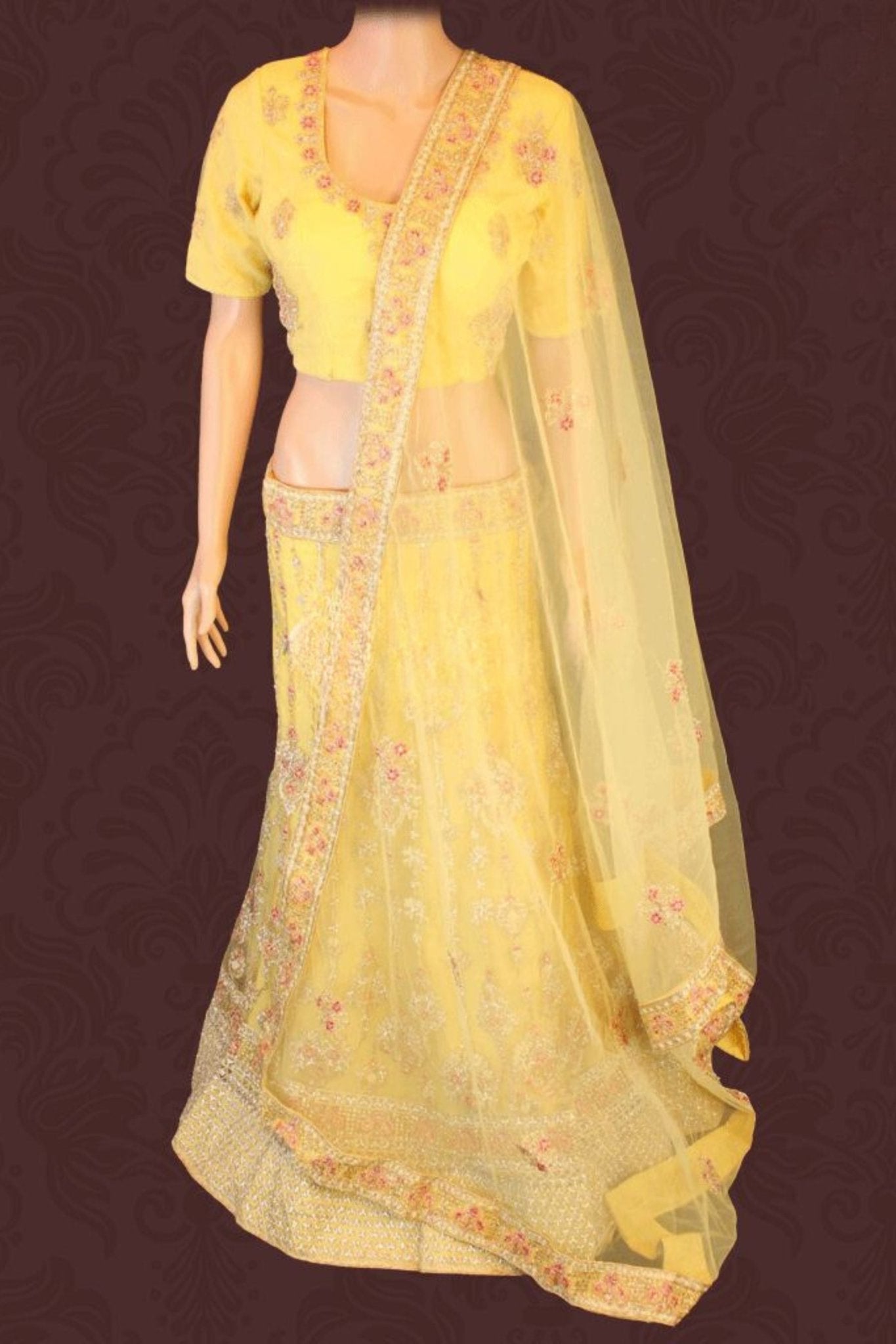 Yellow designer lehenga with embroidery and stone work for Bay Area weddings — JCS Fashions Milpitas