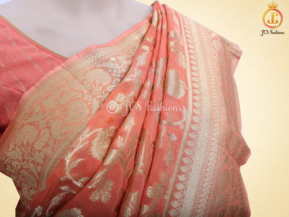 Orange khaddi Banarasi georgette saree with fully stitched blouse — Diwali 2026