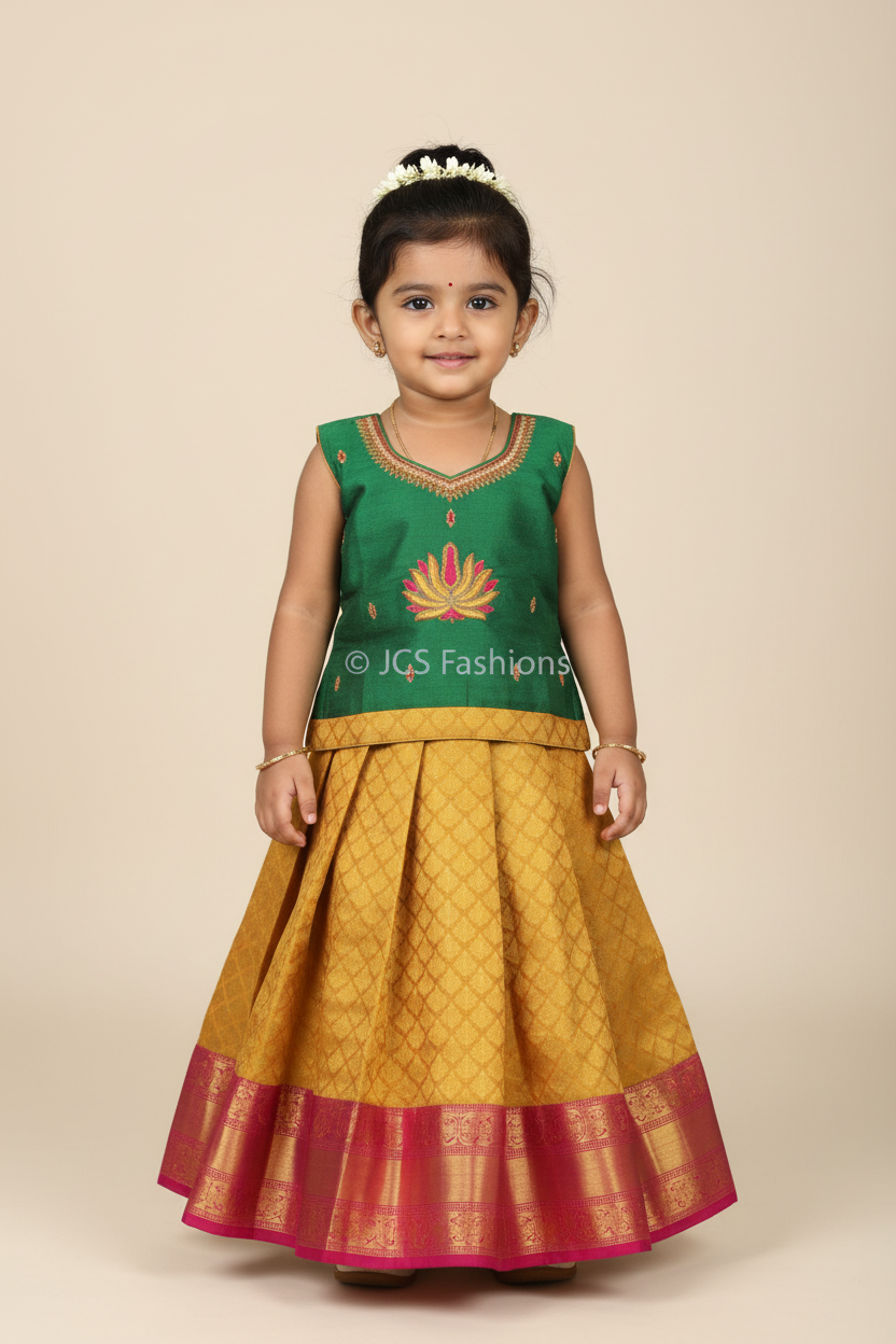 Pure silk Pattu Paavadai set with Maggam work embroidery — girls age 6, $50 from JCS Fashions