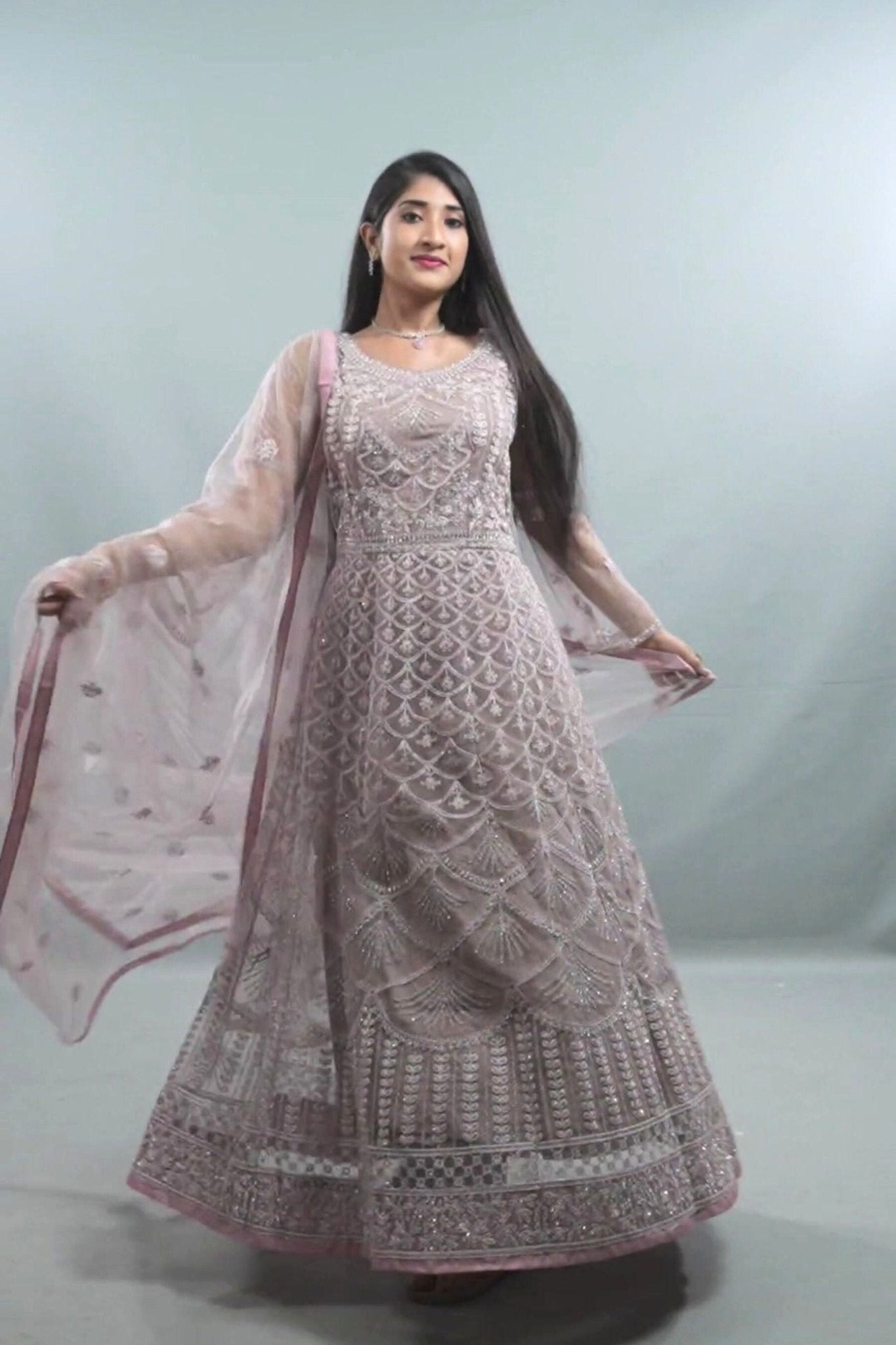 Purple embroidered net gown with dupatta set for Diwali 2026