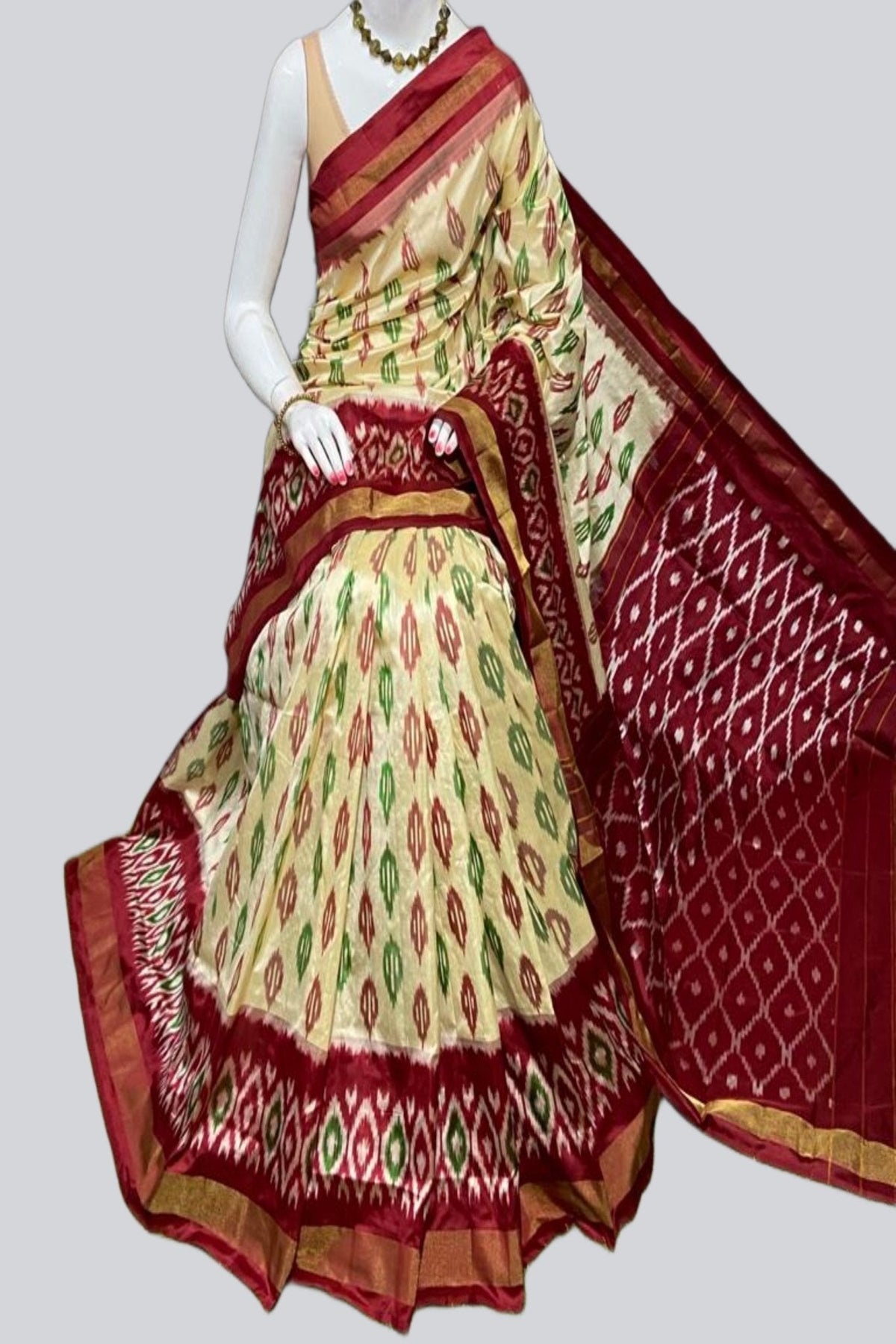 Pochampally ikkat silk saree in cream with gold zari border — festive Karwa Chauth pick under $150