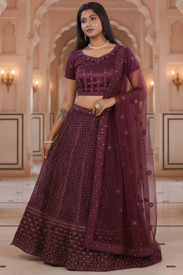 Maroon net lehenga with stone and mirror work — Karwa Chauth outfit 2026