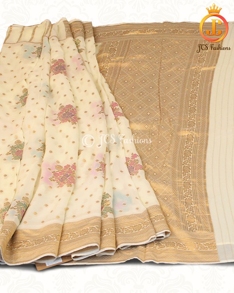 Cream Banarasi Georgette Saree for NRI wedding guests 2026