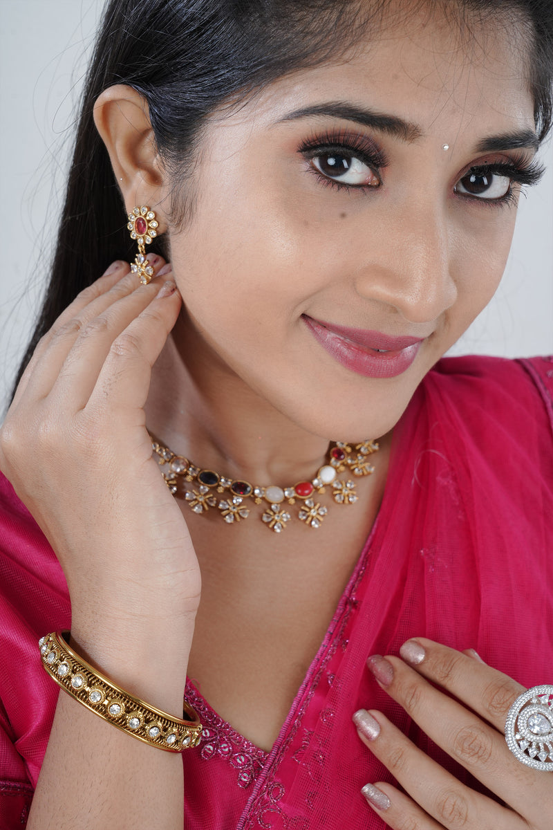 Glittering Gold Plated Necklace & Earring - Multi-Colored Stones & Pearls