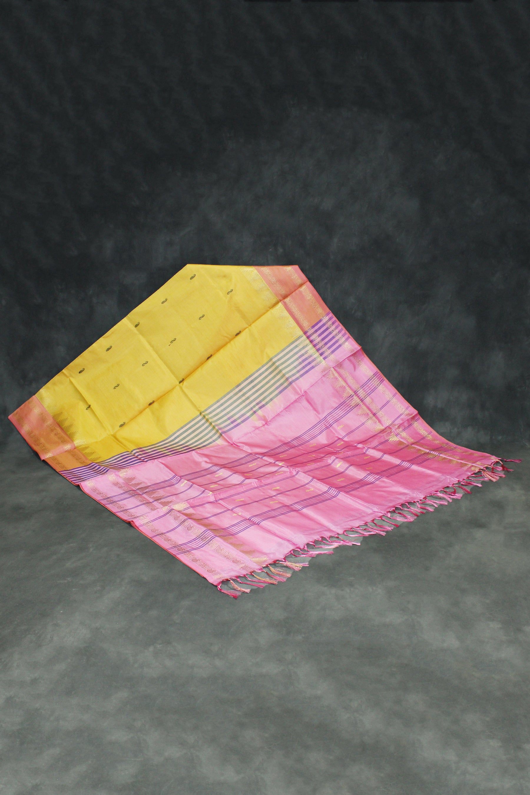Banana Pith (Vaazhai Naar) Yellow & Pink Saree with Zari Border and Small Butta
