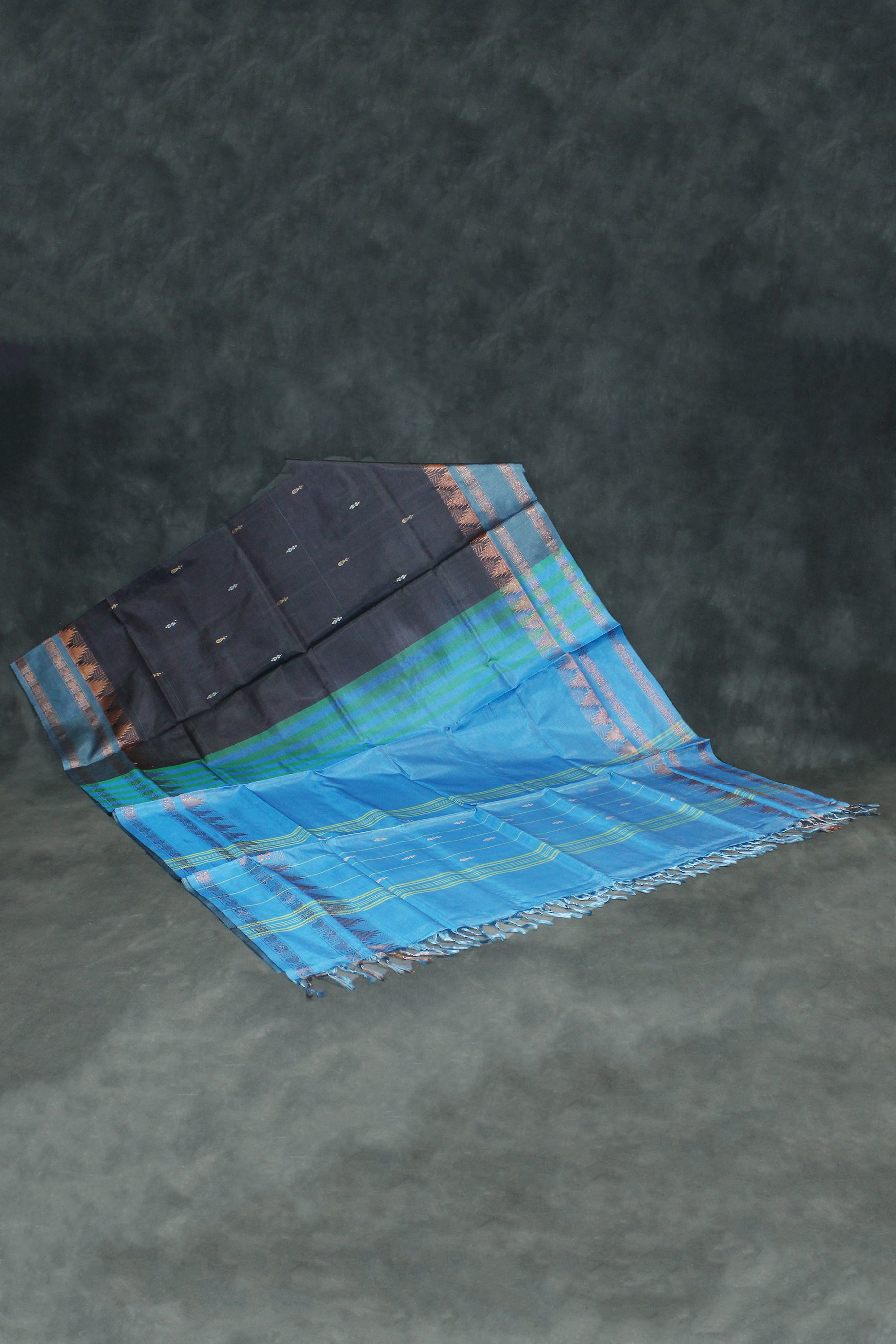 Blue Vaazhai Naar (Banana Pith) Saree with Zari Border and Small Buttas