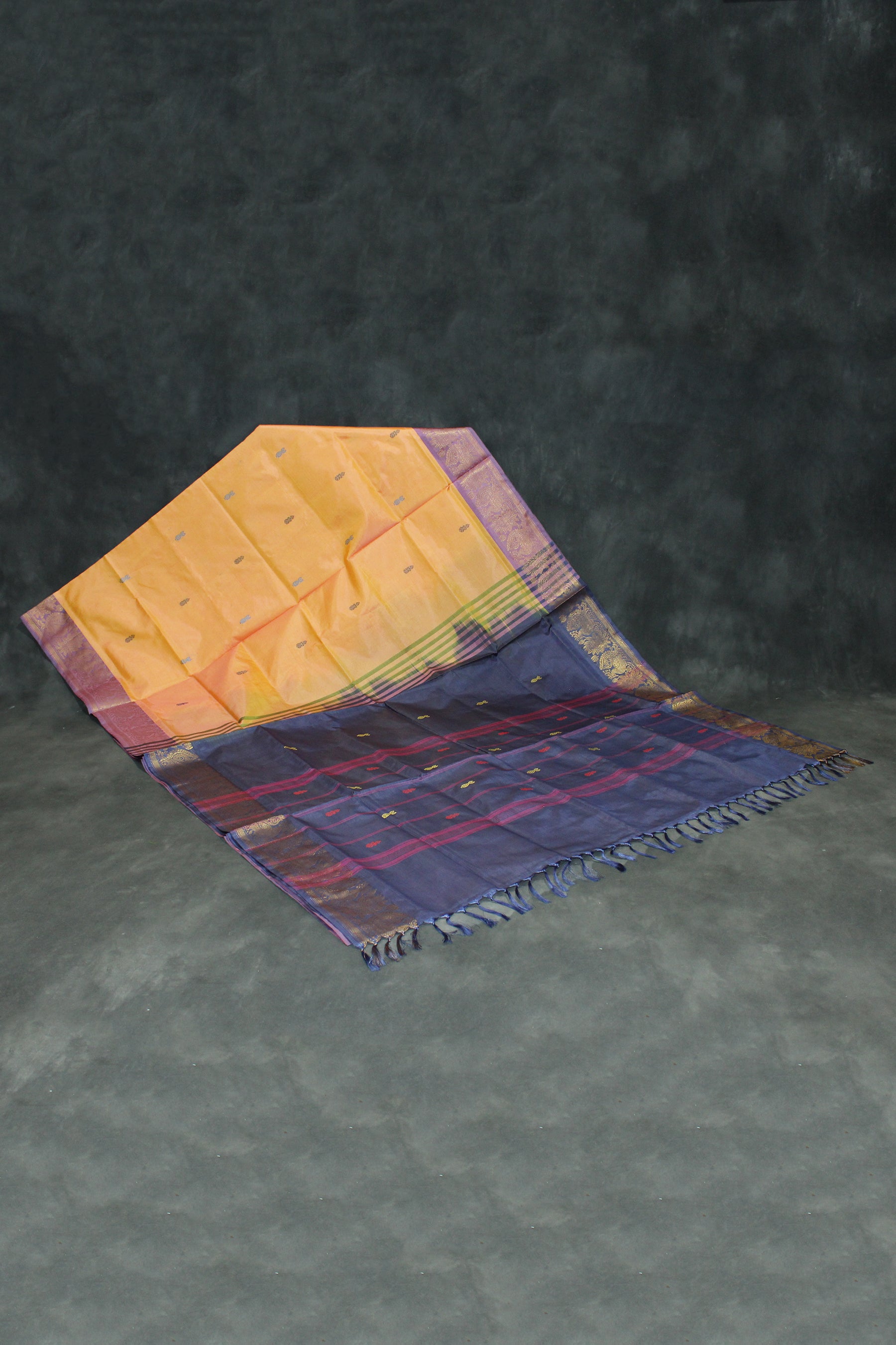 Vaazhai Naar (Banana Pith) Saree in Navy Blue and Orange with Zari Design Border, Full-Body Buttas and Blouse Piece