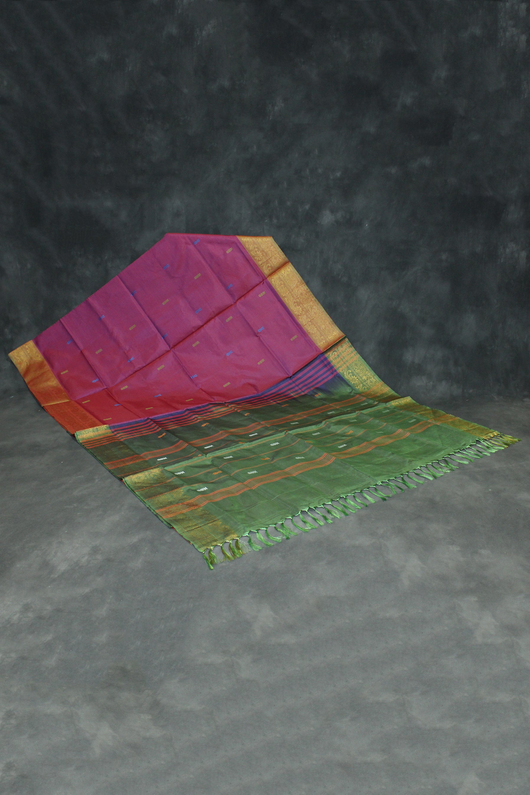 Banana Pith Vaazhai Naar Saree with Zari Border - Dark Pink & Olive Green