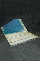 Peacock Blue & Cream Vaazhai Naar (Banana Pith) Saree with Zari Border and Butta