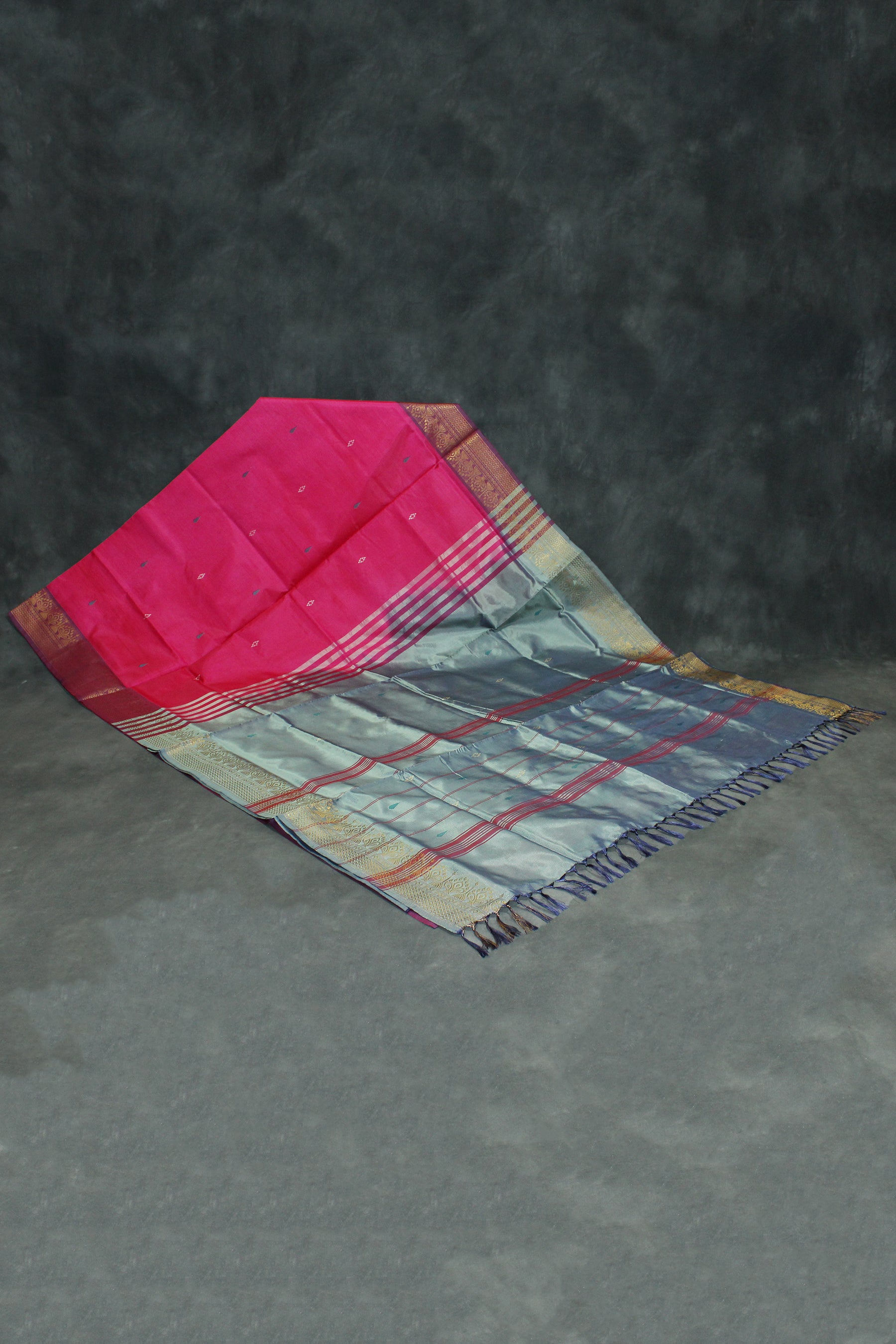 Steel Grey Vaazhai Naar (Banana Pith) Saree with Zari Border and Pink Pallu