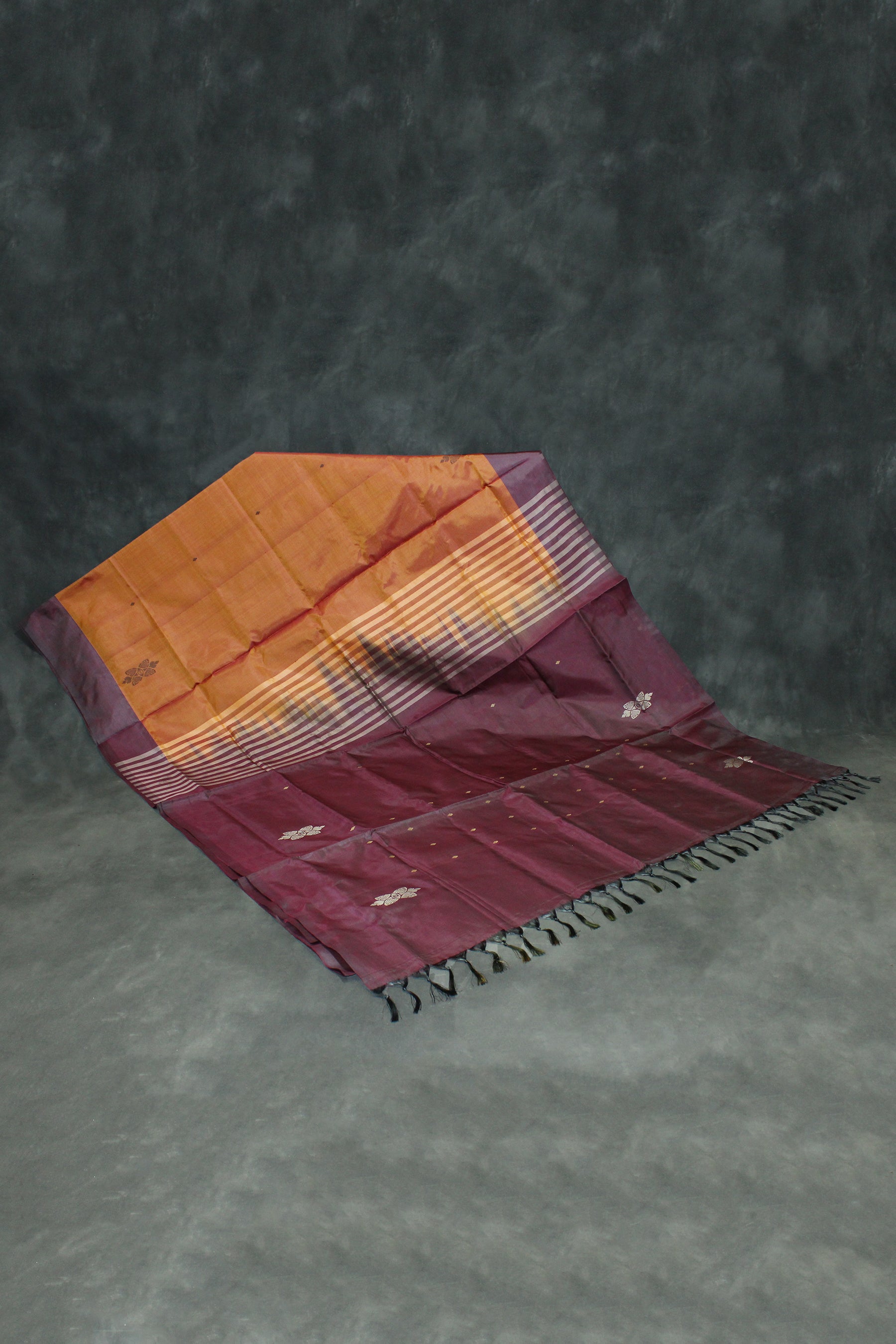 Vaazhai Naar (Banana Pith) Borderless Saree - Dark Purple Body with Fanta Orange Pallu, Small Butta