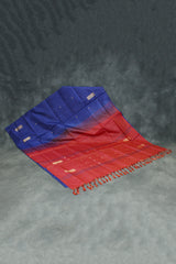 Vaazhai Naar (Banana Pith) Borderless Saree in Red with Contrasting Blue Pallu, Small Buttas & Fringed Tassels