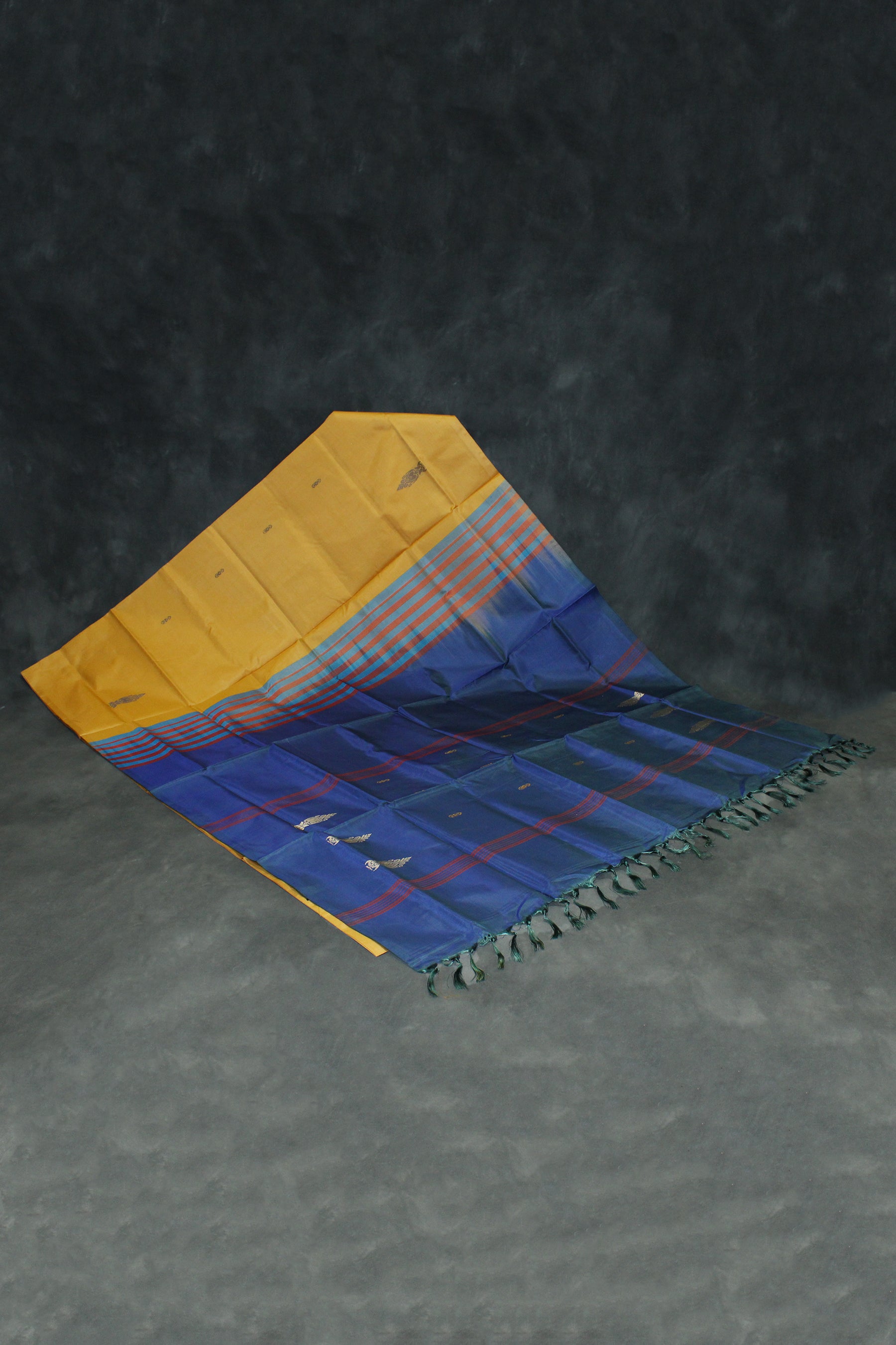 Banana Pith Vaazhai Naar Saree - Yellow Body with Peacock Blue Pallu and Small Butta Motifs