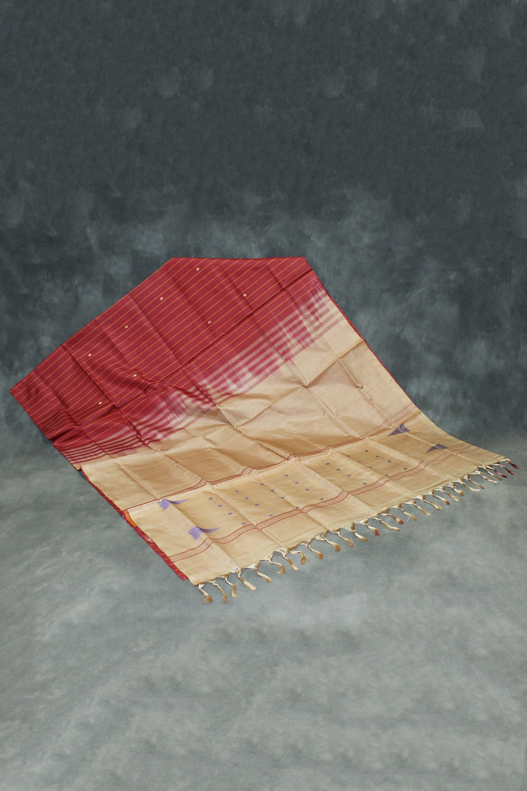 Handwoven Vaazhai Naar Banana Pith Saree in Brown with Small Purple Butta Motifs, Borderless Traditional Weave
