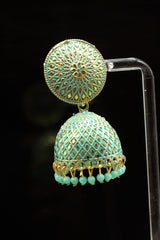 Enamel Jhumka Earrings: Oxidized Gold Polish, Hanging Beads, 2-Inch Height