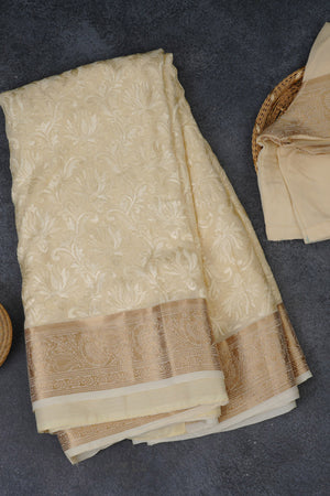 Beige Opulent Chickenkari Georgette Saree with Zari