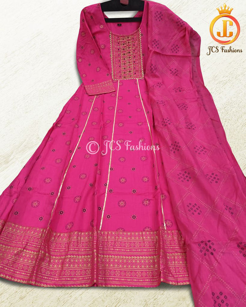 Fit & Flare Long Gown with Dupatta in Rani Pink