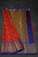 Kanchipuram Handloom Silk Saree: Red & Purple Border | Barcode Blouse