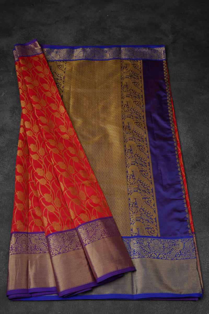 Kanchipuram Handloom Silk Saree: Red & Purple Border | Barcode Blouse