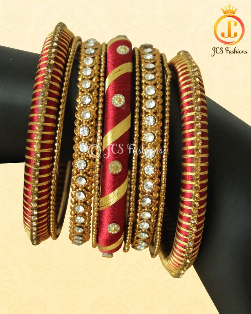 Red and Gold Silk Thread Bangles: Elegant Metal & Stone Fillers