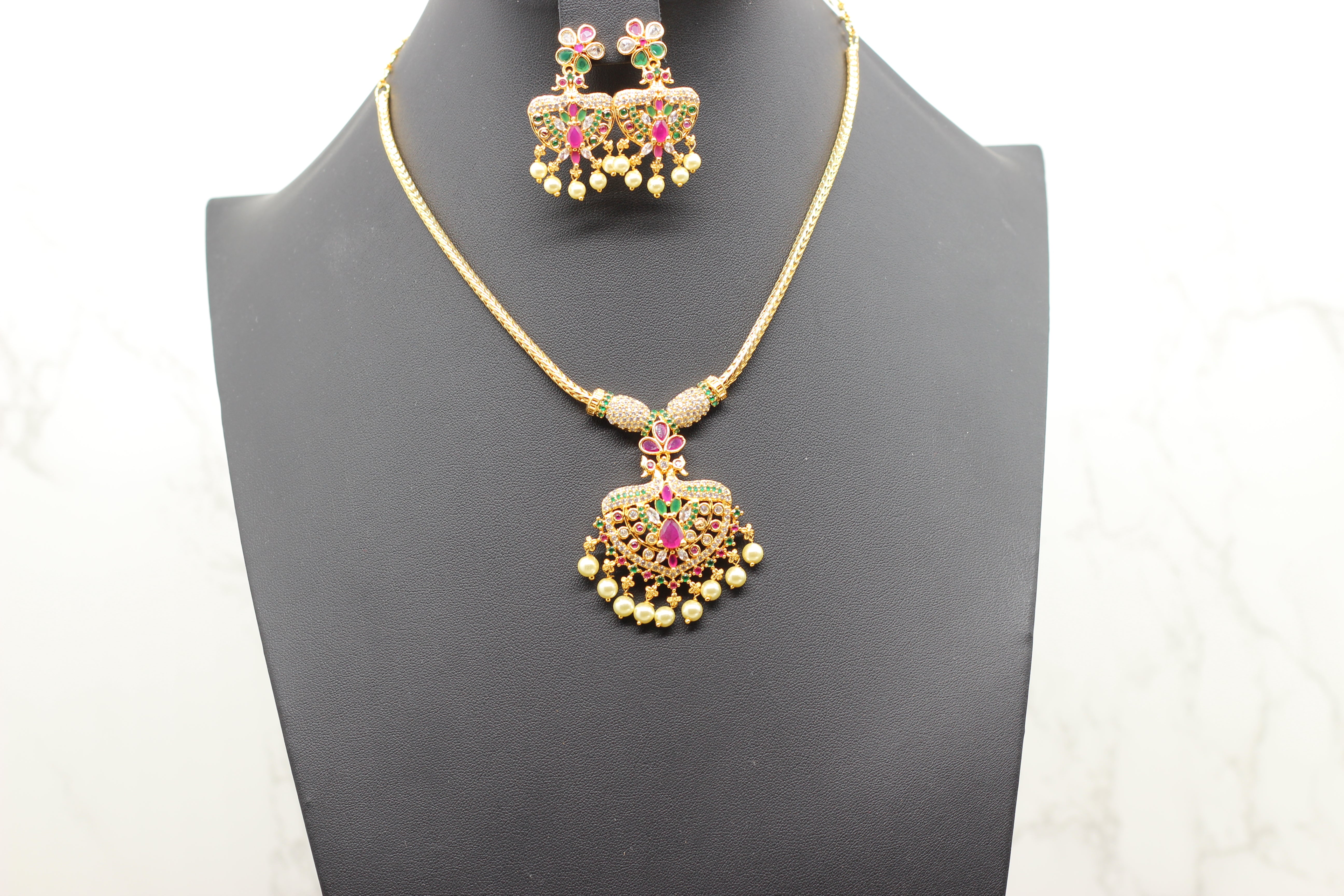 Attigai Pink Stone & Bead Chain and Earring Set in Gold Polish Jewelry JCS Fashions Pink and Green 9.5"