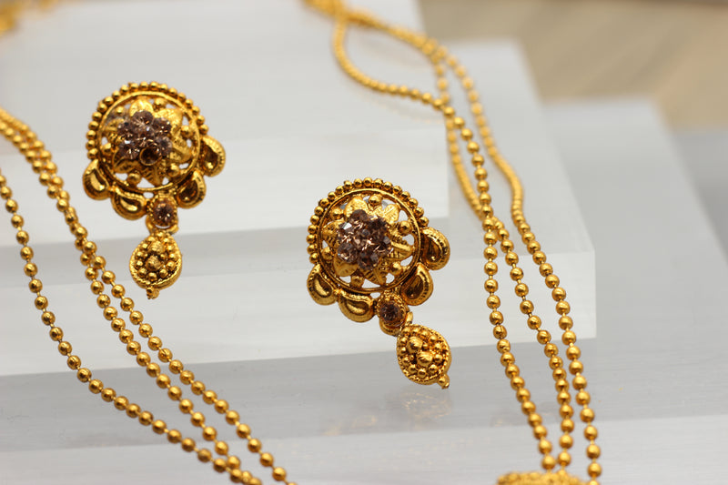 Traditional Matte Gold Chain and Earring Set - Exquisite Temple Jewelry