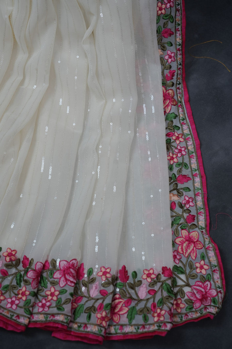 Pure Georgette Saree: Sequin Elegance, Contrast Embroidery and Blouse