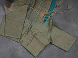 GREY Color Chanderi Silk Saree With Contrast Teal Blue Color Lace Work Blouse