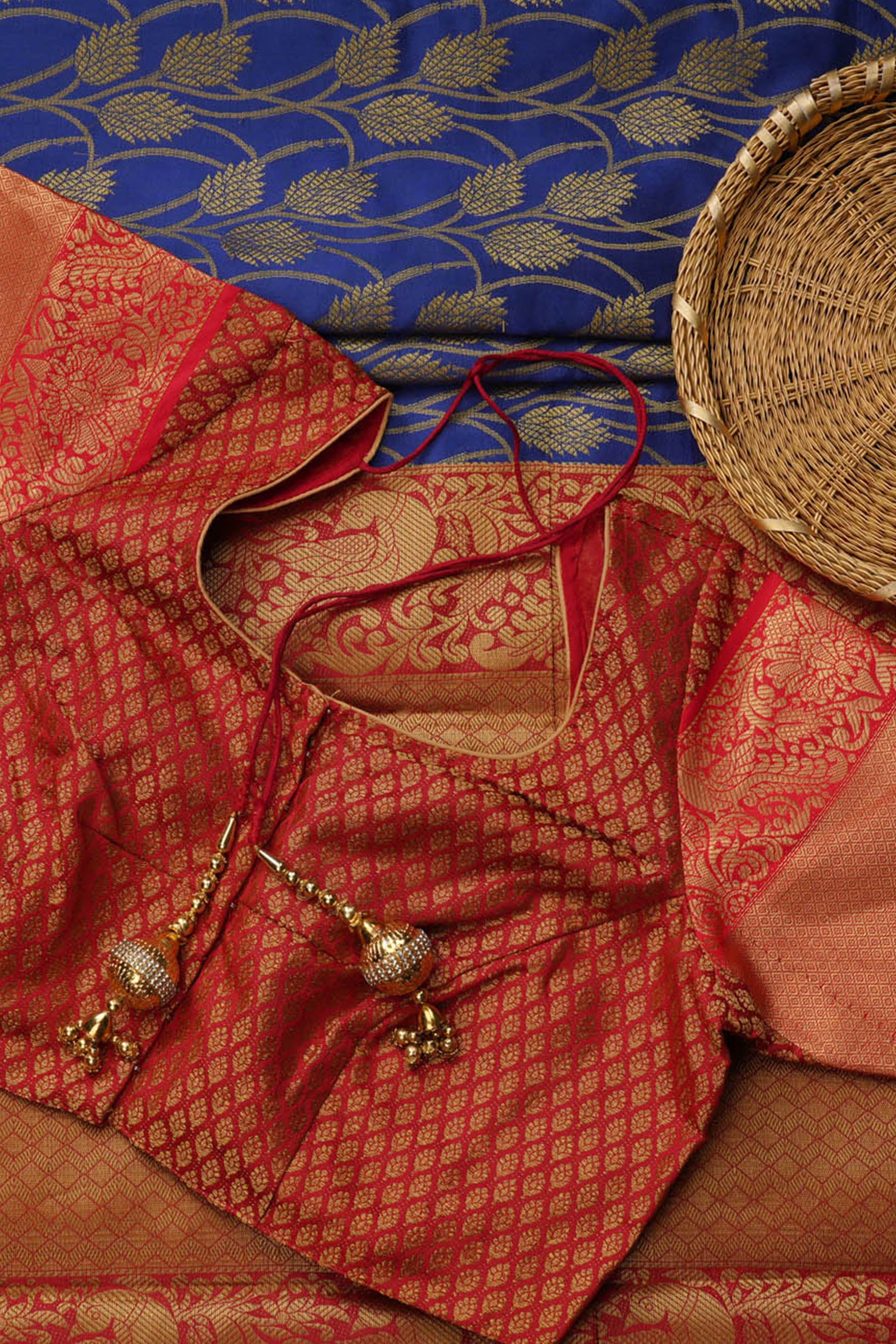 Kanchipuram Handloom Weaving Silk Saree | Blue and Red Border SAREE JCS Fashions