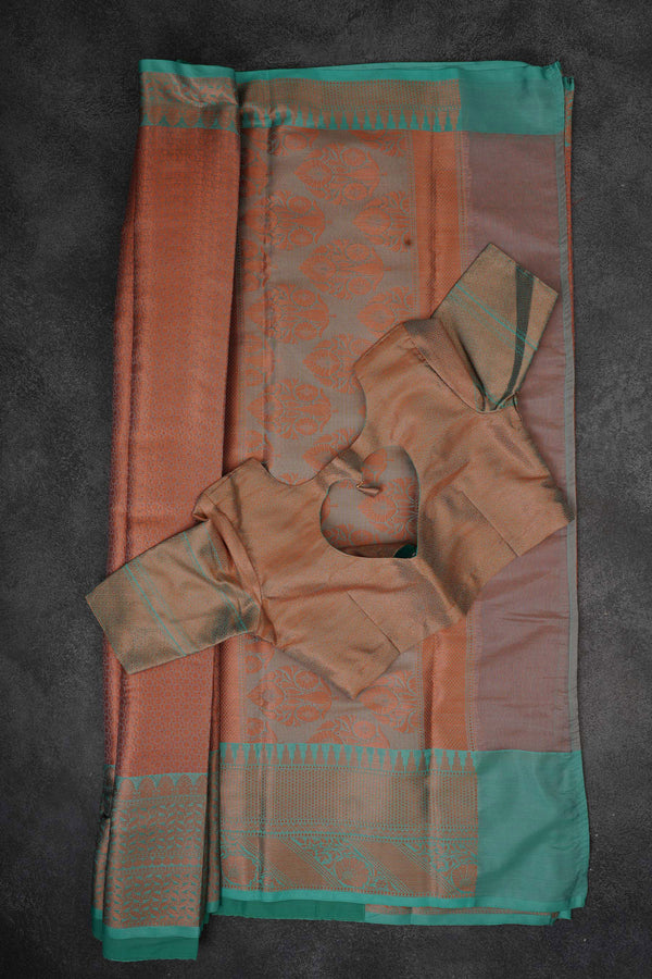 Radiant Banarasi Copper Soft Silk Saree with Designer Contrast Blouse