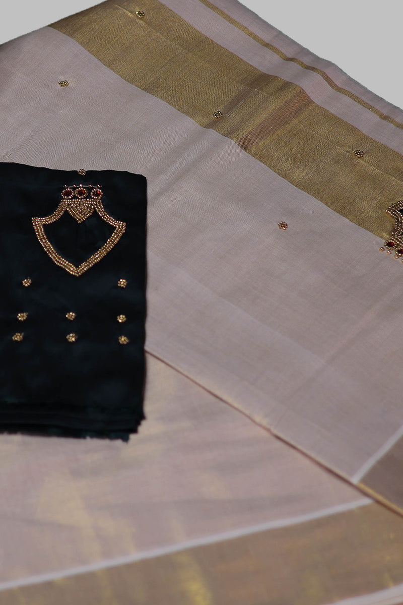 Elegant Kerala Golden Tissue Saree with Aari Beadwork