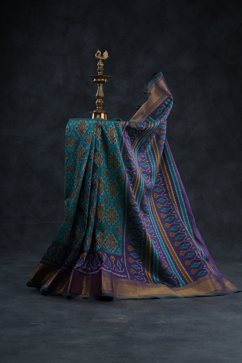 Exquisite Soft Ikkat Silk Saree with Aari Work Contrast Blouse