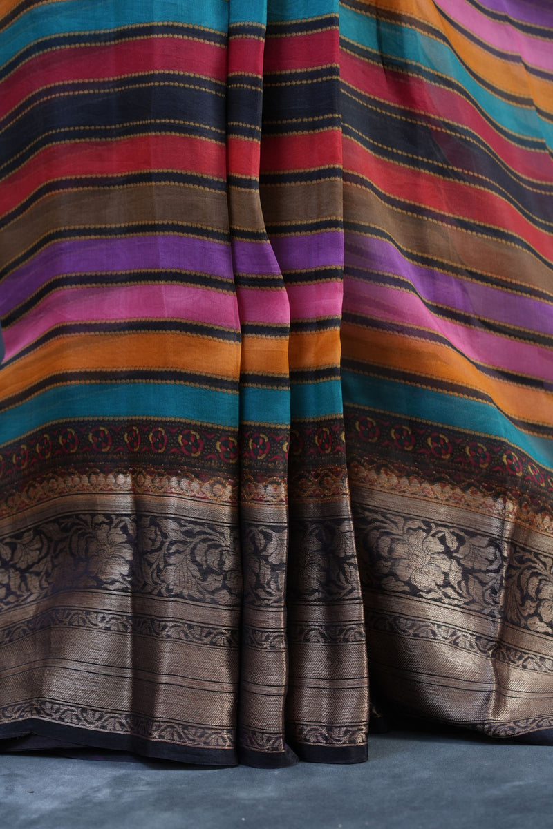 Exquisite Sabhyasachi Lehariya Organza Silk Saree with Kanchi Border