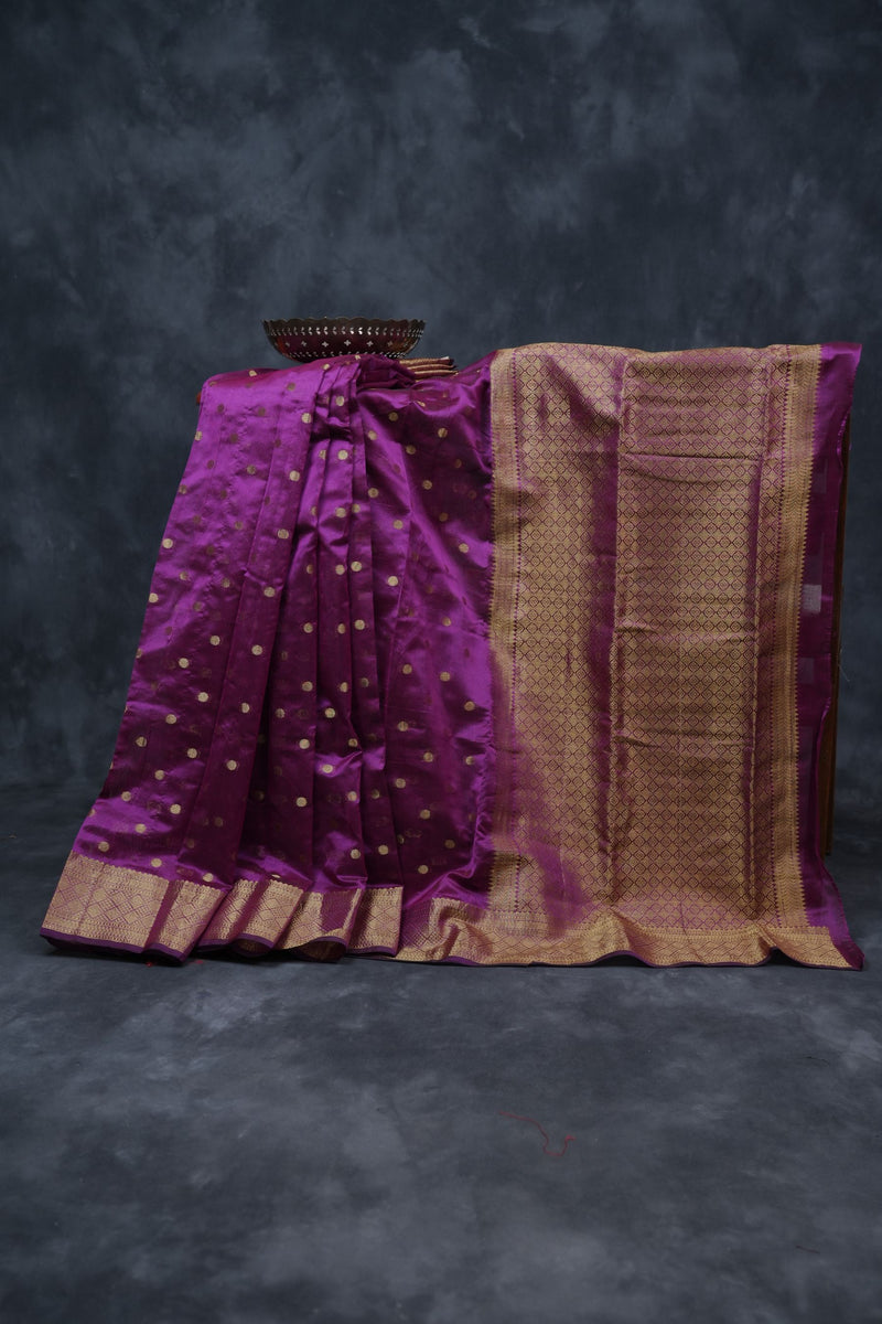 Coin-Inspired Elegance: Raw Silk Saree in Purple, Weaved Border & Blouse