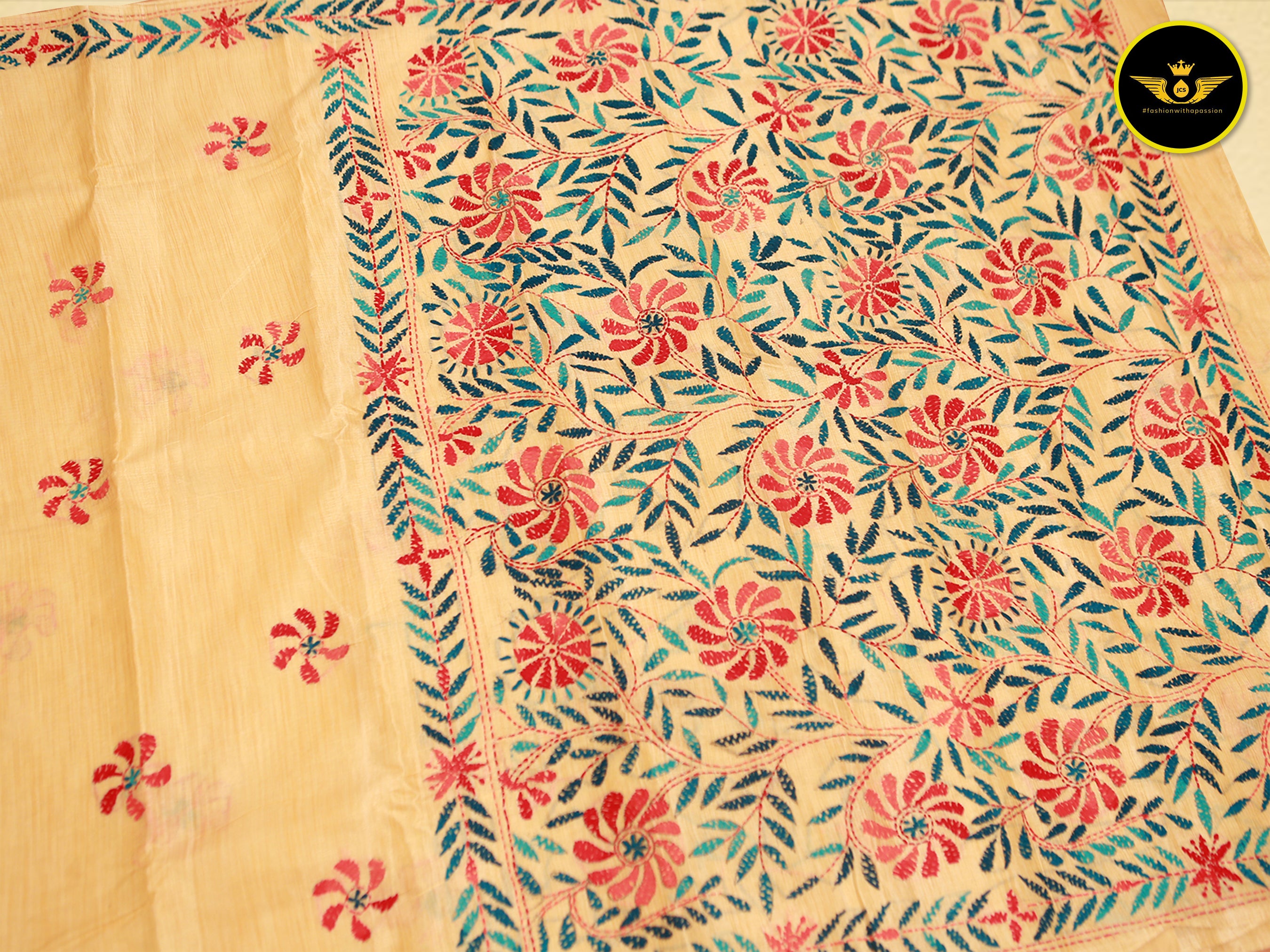 Semi Tusser Silk Hand Kantha Stitch Saree Saree JCS Fashions