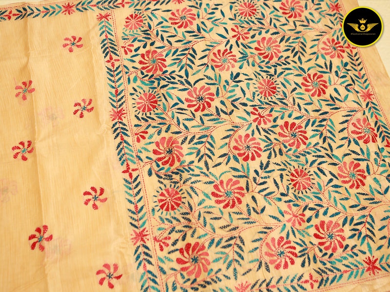 Semi Tusser Silk Hand Kantha Stitch Saree