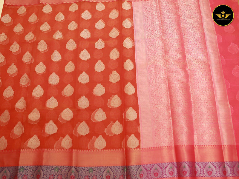 Premium Organza Pattu Saree, Allover Weaving, Big Butta Design, and Contrasting Pallu.