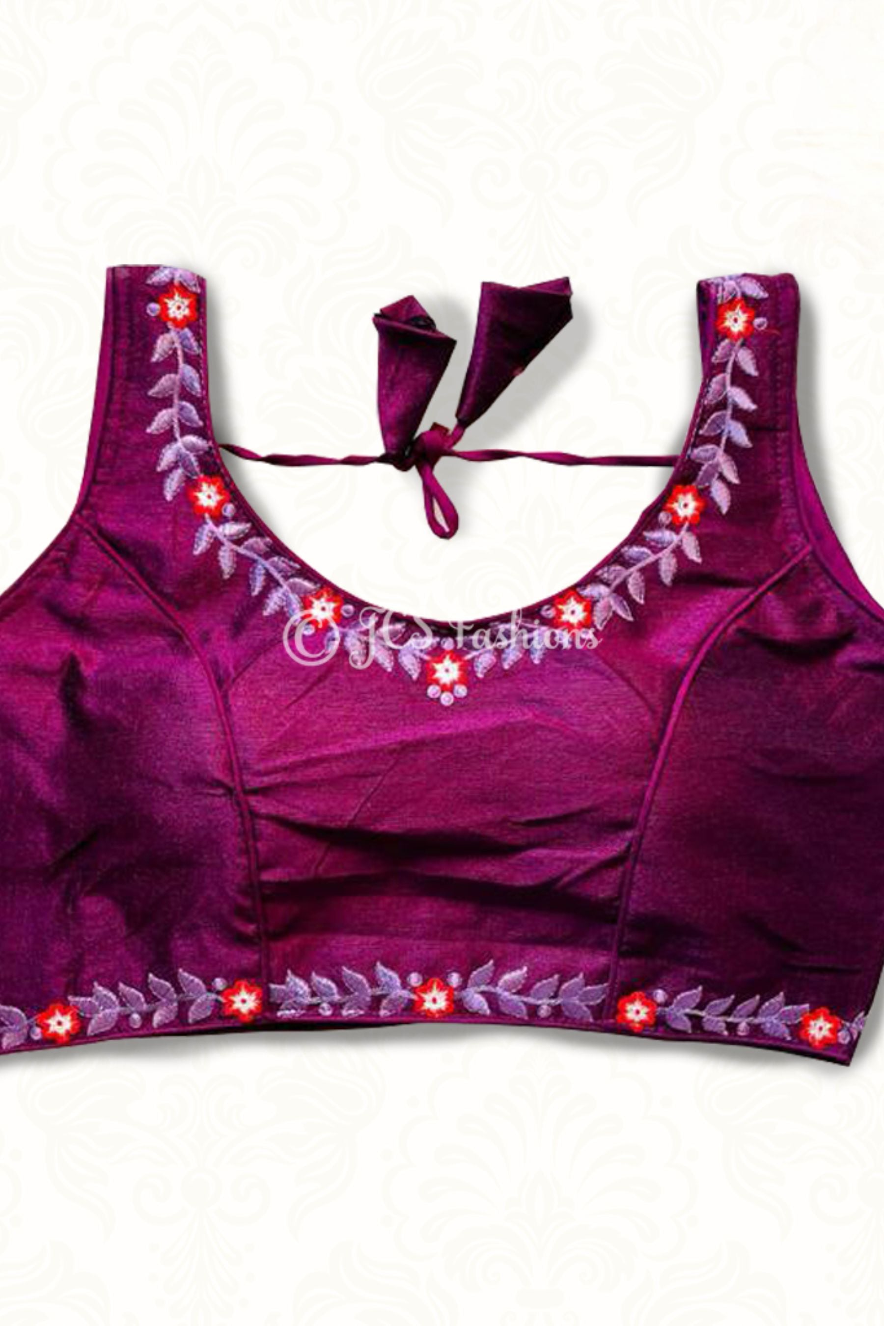 Heavy Phantom Silk Blouse with tone to tone machine embroidery work Blouse JCS Fashions Wine 38