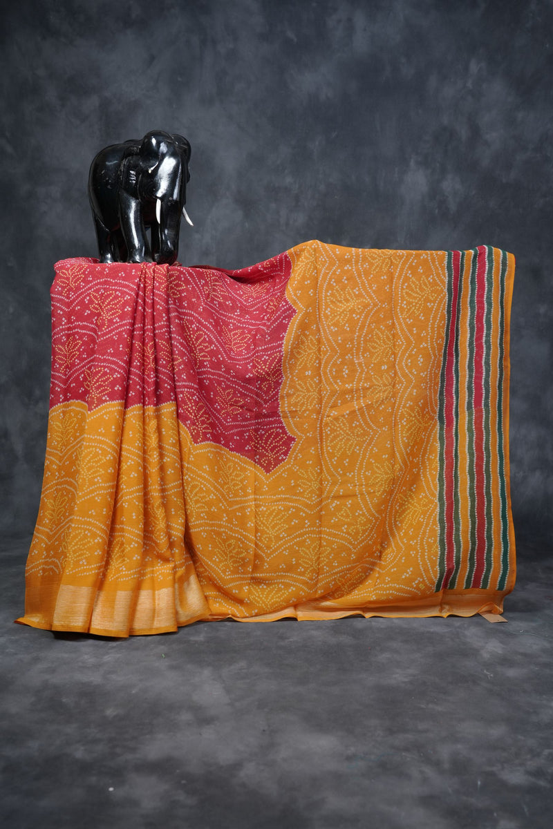 Multicolor Bandini Chiffon Sarees with Zari Border and Printed Pallu