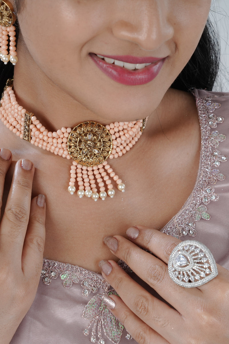 Stunning Peach Beaded Jewelry Set - Matte Finish Choker, Earrings & Tikka