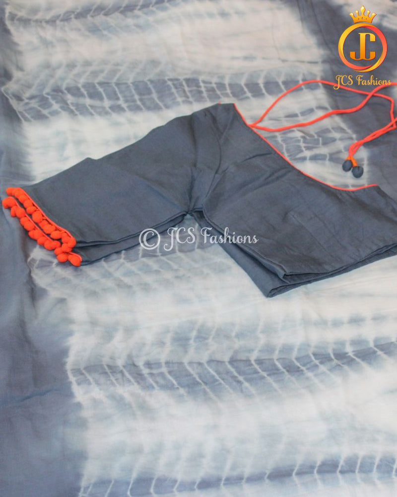 Shibori Design Mulmul Cotton Saree With Pom Lace Blouse