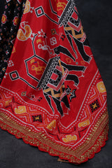 Satin Silk Patola Saree in Imperial Black & Red with Stitched Blouse