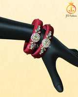 Silk Metal Thread Bangles in Red and Maroon Color